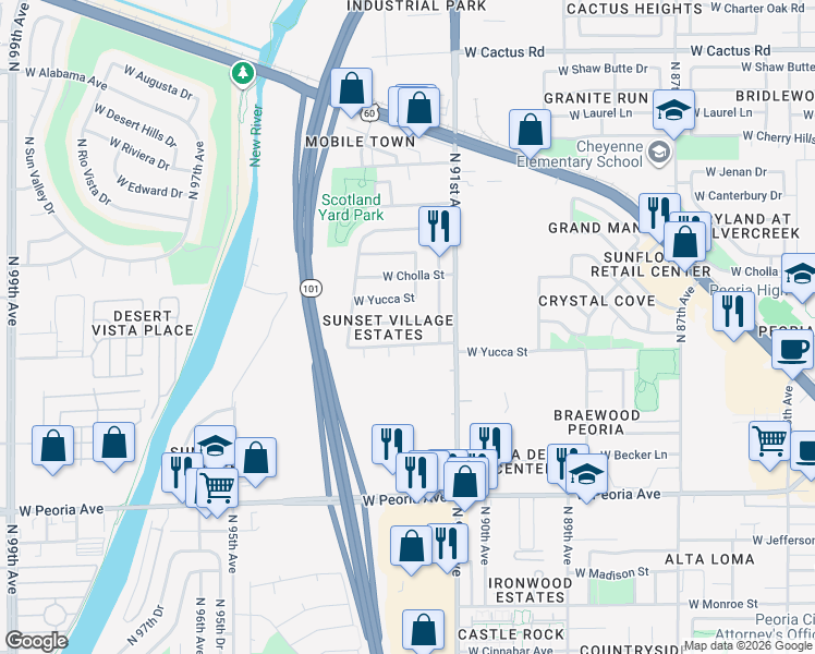 map of restaurants, bars, coffee shops, grocery stores, and more near 9209 West Gary Road in Peoria