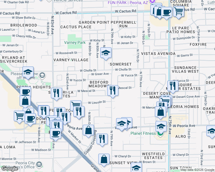 map of restaurants, bars, coffee shops, grocery stores, and more near 7909 West Shangri La Road in Peoria