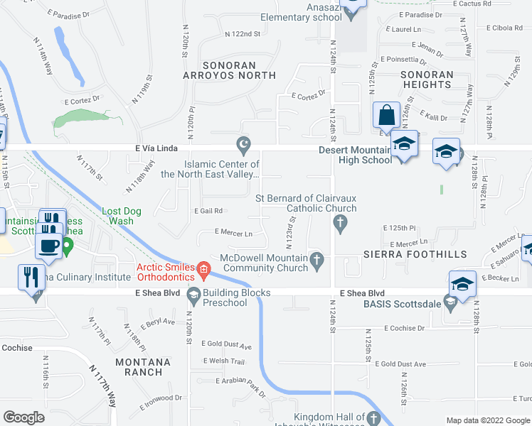 map of restaurants, bars, coffee shops, grocery stores, and more near 12210 East Desert Cove Avenue in Scottsdale