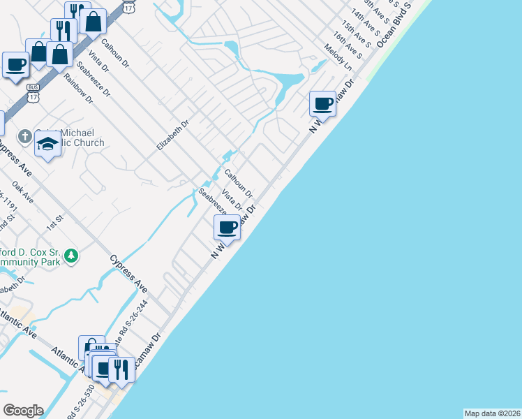 map of restaurants, bars, coffee shops, grocery stores, and more near 311 North Waccamaw Drive in Murrells Inlet