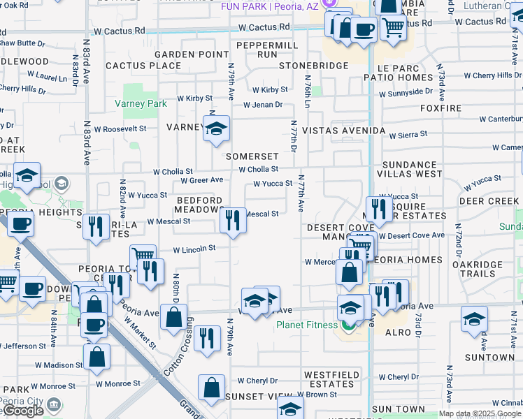 map of restaurants, bars, coffee shops, grocery stores, and more near 7808 West Mescal Street in Peoria