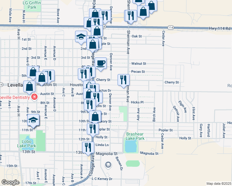 map of restaurants, bars, coffee shops, grocery stores, and more near 206 Cactus Drive in Levelland