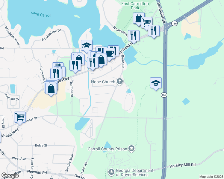 map of restaurants, bars, coffee shops, grocery stores, and more near 401 Burns Road in Carrollton