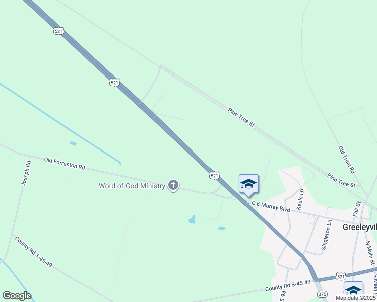 map of restaurants, bars, coffee shops, grocery stores, and more near U.S. 521 in Greeleyville