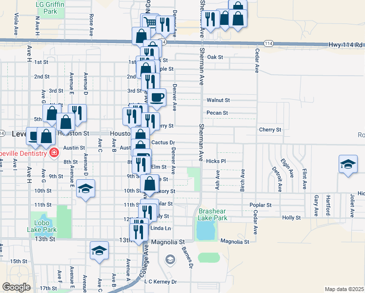 map of restaurants, bars, coffee shops, grocery stores, and more near 206 Cactus Dr in Levelland