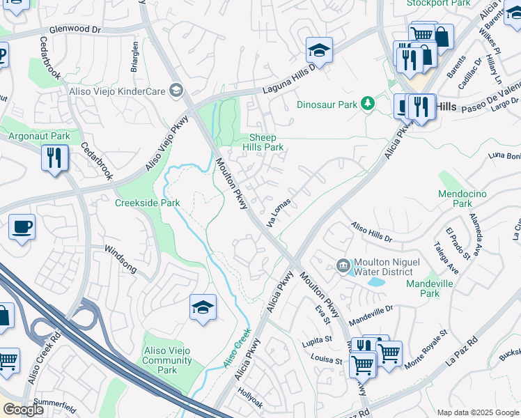 map of restaurants, bars, coffee shops, grocery stores, and more near 12 Shadow Hill Lane in Aliso Viejo