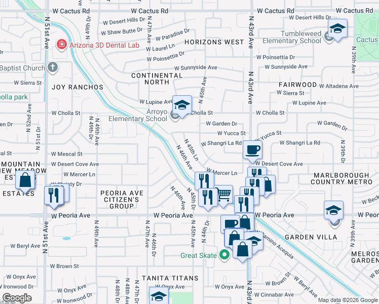 map of restaurants, bars, coffee shops, grocery stores, and more near 11008 North 45th Lane in Glendale