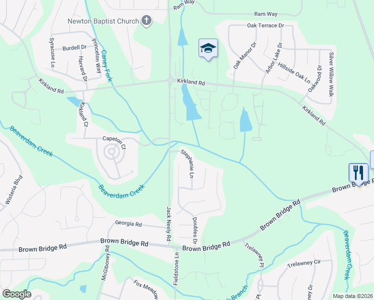 map of restaurants, bars, coffee shops, grocery stores, and more near 140 Stephanie Lane in Covington