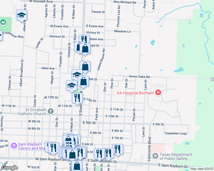 map of restaurants, bars, coffee shops, grocery stores, and more near 1318 Elm Street in Bonham