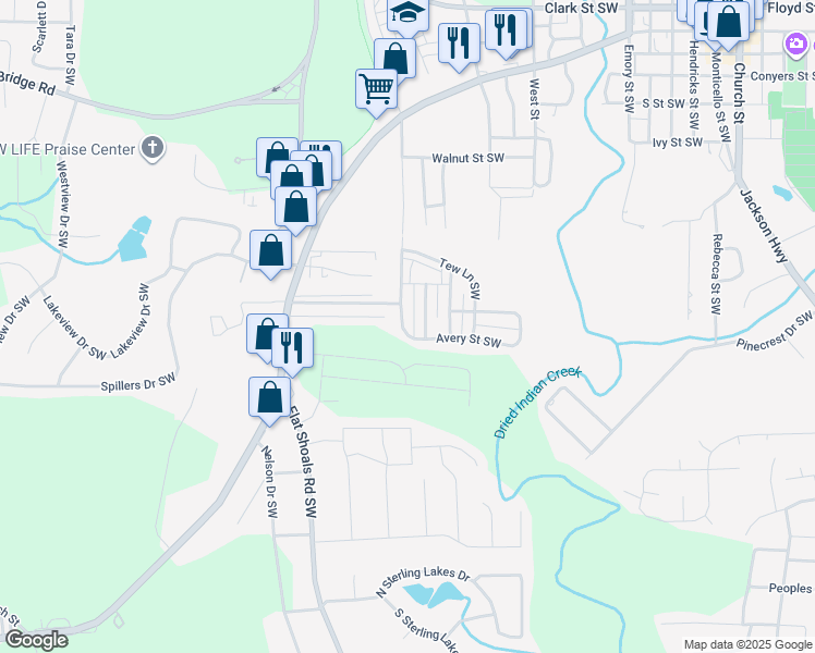 map of restaurants, bars, coffee shops, grocery stores, and more near 6159 Avery Street Southwest in Covington