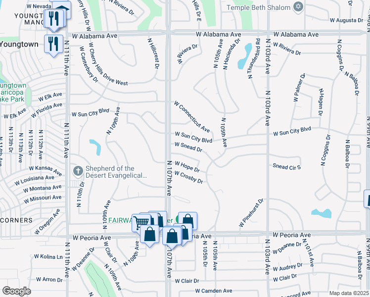 map of restaurants, bars, coffee shops, grocery stores, and more near 10613 West Snead Drive in Sun City