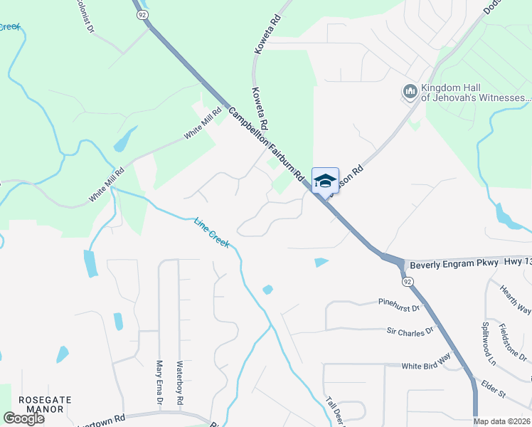 map of restaurants, bars, coffee shops, grocery stores, and more near 2120 Village Green Drive in Fairburn