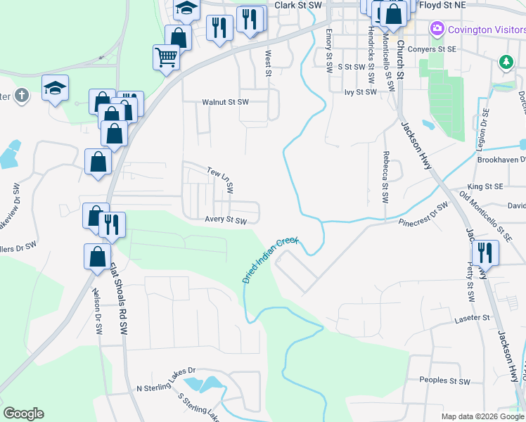 map of restaurants, bars, coffee shops, grocery stores, and more near 6372 Avery Street Southwest in Covington
