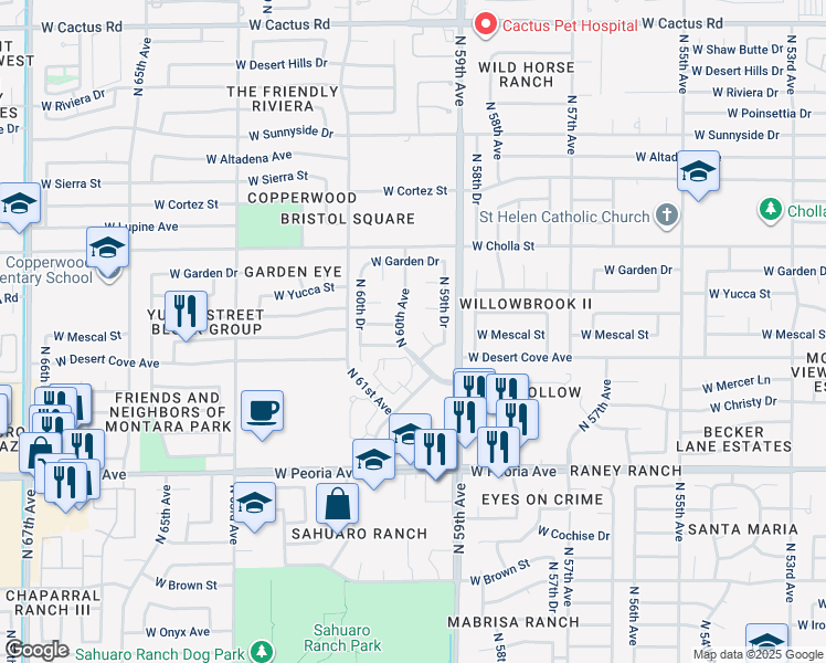 map of restaurants, bars, coffee shops, grocery stores, and more near 11022 N 59th Ln in Glendale