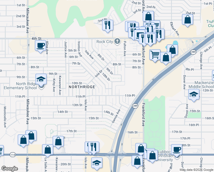 map of restaurants, bars, coffee shops, grocery stores, and more near 1021 Homestead Drive in Lubbock