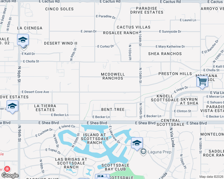 map of restaurants, bars, coffee shops, grocery stores, and more near 10180 East Desert Cove Avenue in Scottsdale