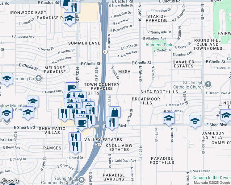 map of restaurants, bars, coffee shops, grocery stores, and more near 3360 East Desert Cove Avenue in Phoenix