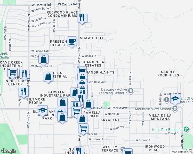map of restaurants, bars, coffee shops, grocery stores, and more near 1722 West Desert Cove Avenue in Phoenix