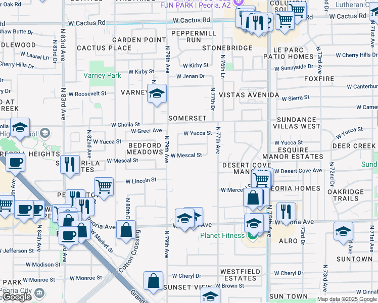 map of restaurants, bars, coffee shops, grocery stores, and more near 7808 West Mescal Street in Peoria