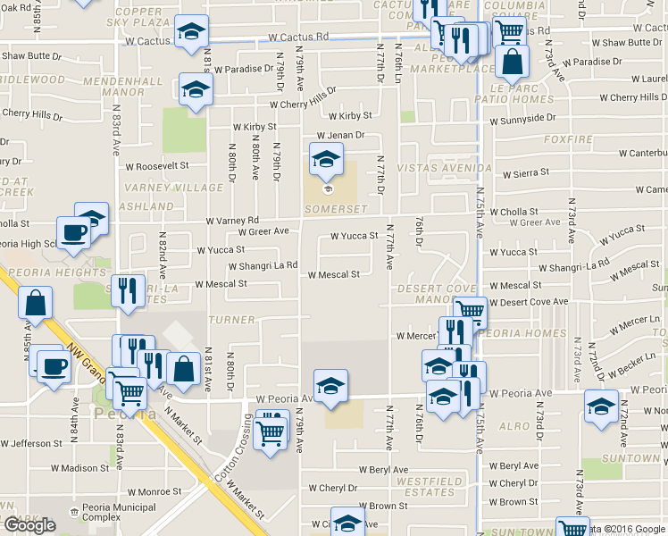 map of restaurants, bars, coffee shops, grocery stores, and more near 7808 West Mescal Street in Peoria