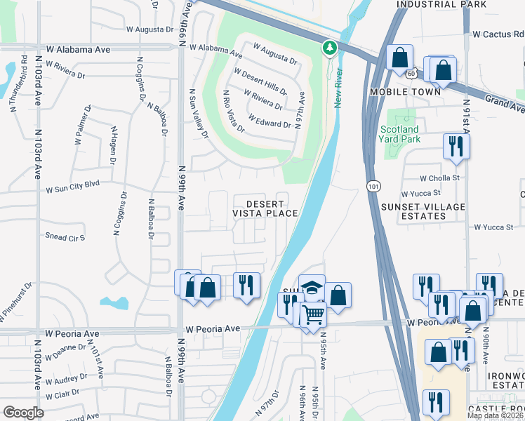 map of restaurants, bars, coffee shops, grocery stores, and more near 11275 North 99th Avenue in Peoria