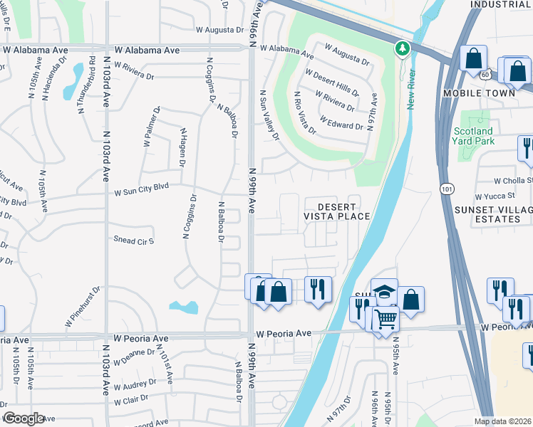 map of restaurants, bars, coffee shops, grocery stores, and more near 107 North 99th Avenue in Peoria