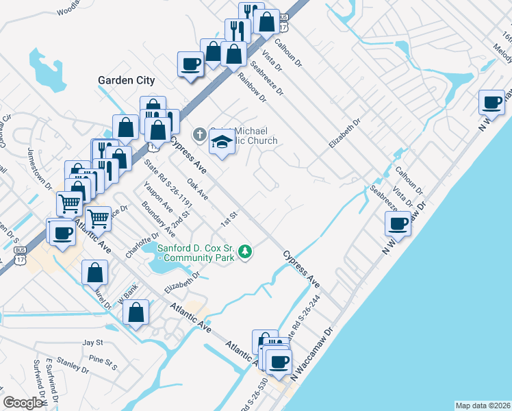 map of restaurants, bars, coffee shops, grocery stores, and more near 344 Cypress Avenue in Murrells Inlet