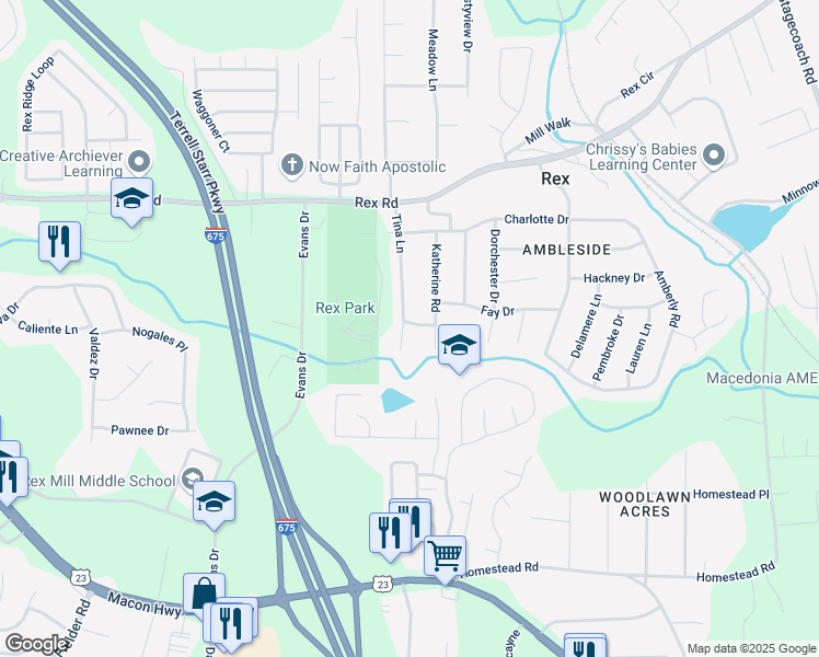 map of restaurants, bars, coffee shops, grocery stores, and more near 3551 Cindy Way in Rex