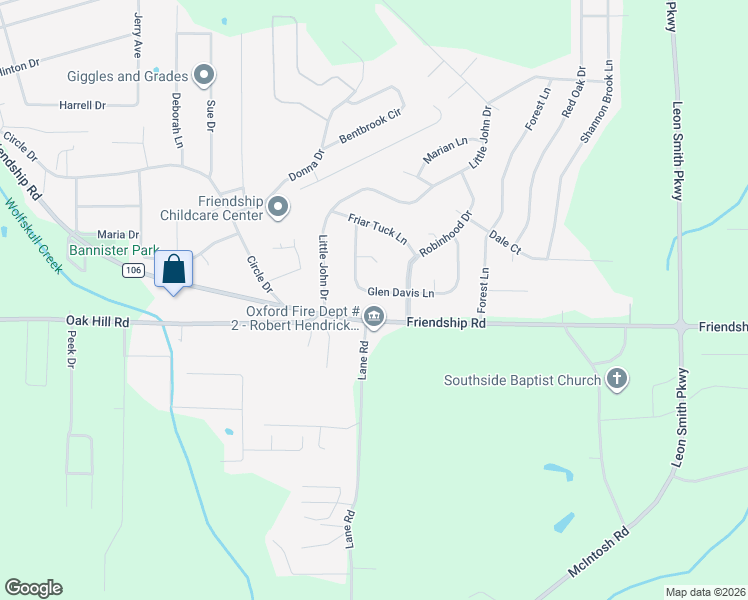 map of restaurants, bars, coffee shops, grocery stores, and more near 1921 Glen Davis Lane in Oxford