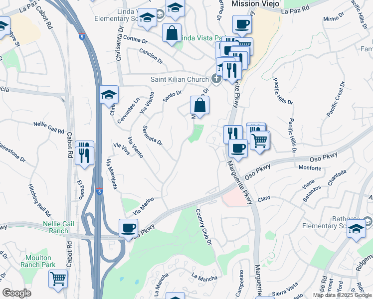 map of restaurants, bars, coffee shops, grocery stores, and more near 25912 Montanoso Drive in Mission Viejo