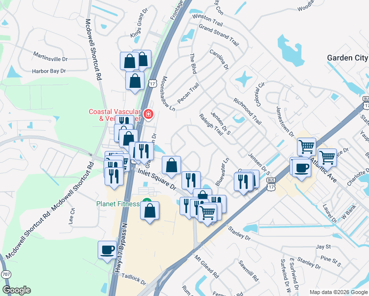 map of restaurants, bars, coffee shops, grocery stores, and more near 13 Topsail Lane in Murrells Inlet