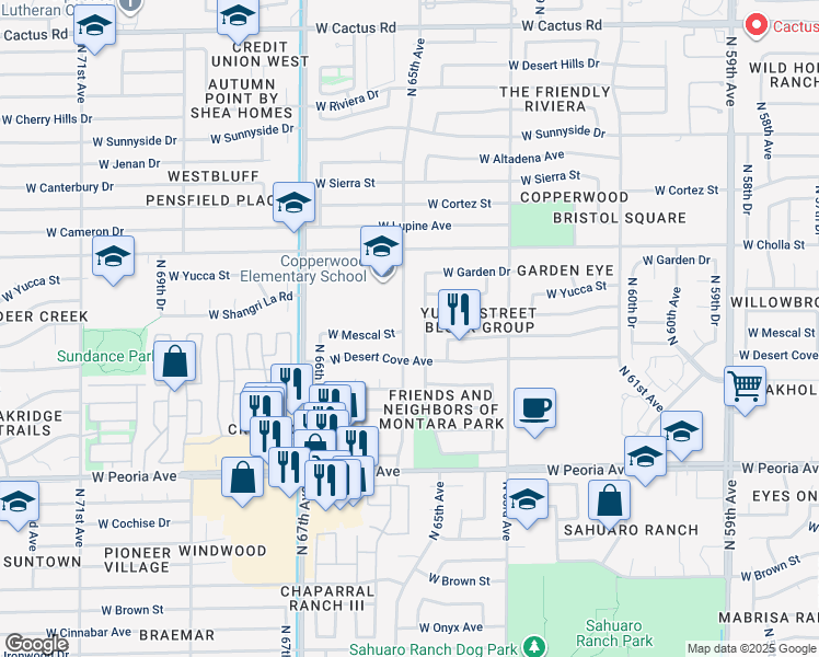map of restaurants, bars, coffee shops, grocery stores, and more near 11031 North 65th Avenue in Glendale