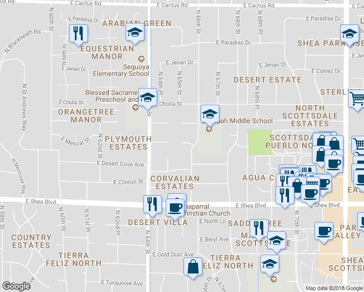 map of restaurants, bars, coffee shops, grocery stores, and more near 5209 North 25th Place in Scottsdale