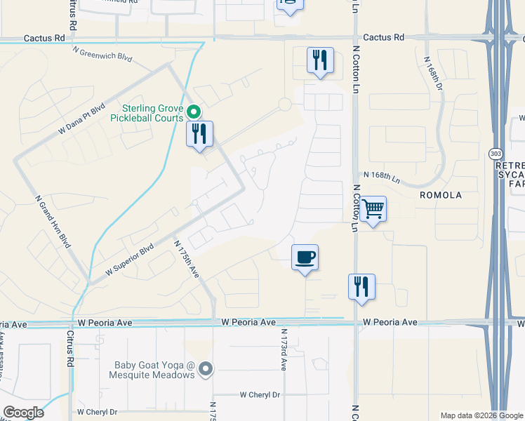 map of restaurants, bars, coffee shops, grocery stores, and more near 11237 North Northfield Street in Surprise