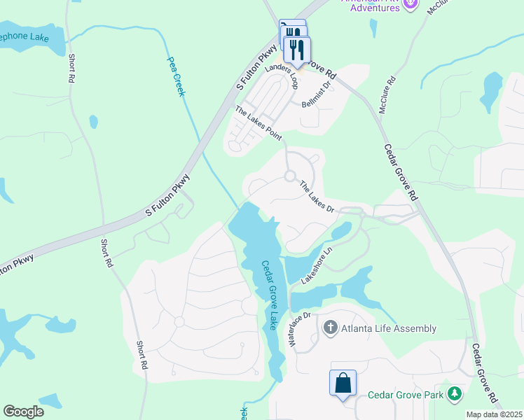 map of restaurants, bars, coffee shops, grocery stores, and more near 629 Greyhawk Way in Fairburn