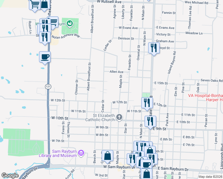 map of restaurants, bars, coffee shops, grocery stores, and more near 1304 Cedar Street in Bonham
