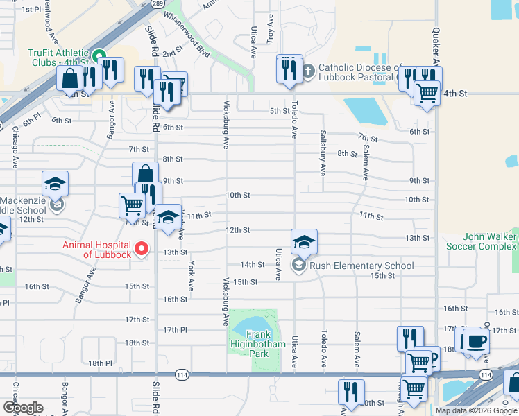 map of restaurants, bars, coffee shops, grocery stores, and more near 4818 11th Street in Lubbock