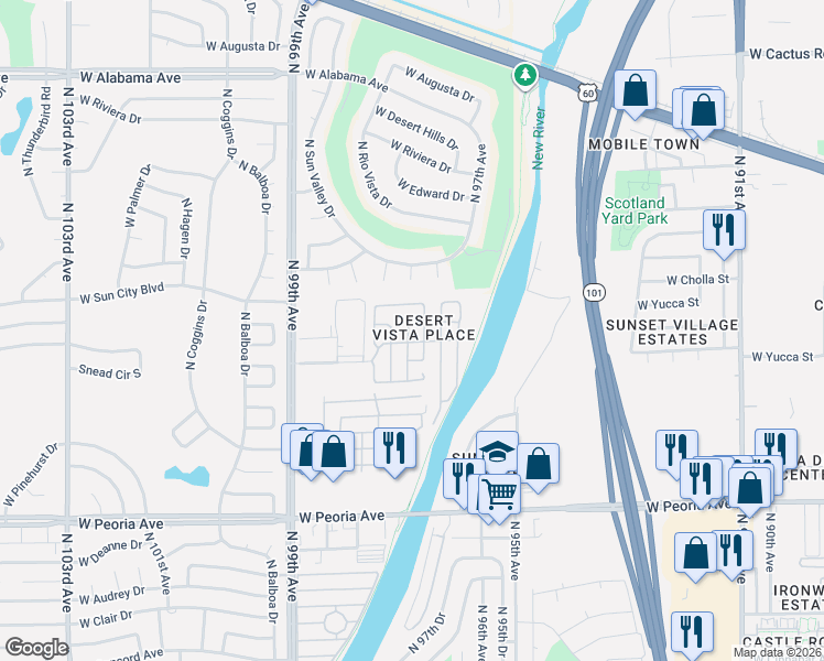 map of restaurants, bars, coffee shops, grocery stores, and more near 11275 North 99th Avenue in Peoria