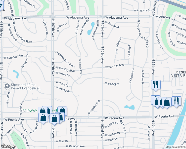 map of restaurants, bars, coffee shops, grocery stores, and more near 10325 West Monterosa Drive in Sun City