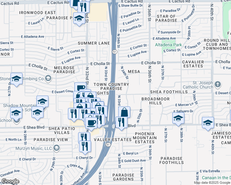 map of restaurants, bars, coffee shops, grocery stores, and more near 3328 East Desert Cove Avenue in Phoenix