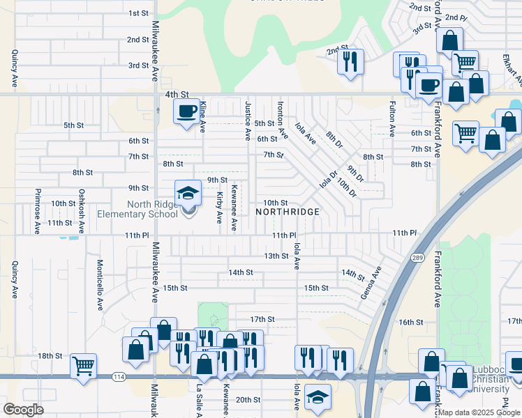 map of restaurants, bars, coffee shops, grocery stores, and more near 1004 Juneau Avenue in Lubbock