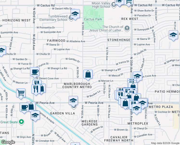 map of restaurants, bars, coffee shops, grocery stores, and more near 11021 N 38th Dr in Phoenix