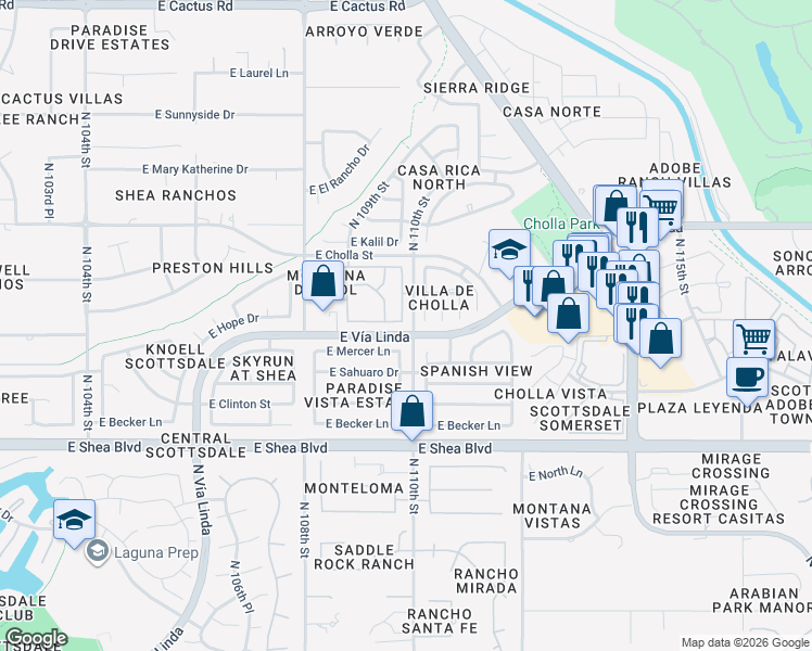 map of restaurants, bars, coffee shops, grocery stores, and more near 10965 East Hope Drive in Scottsdale