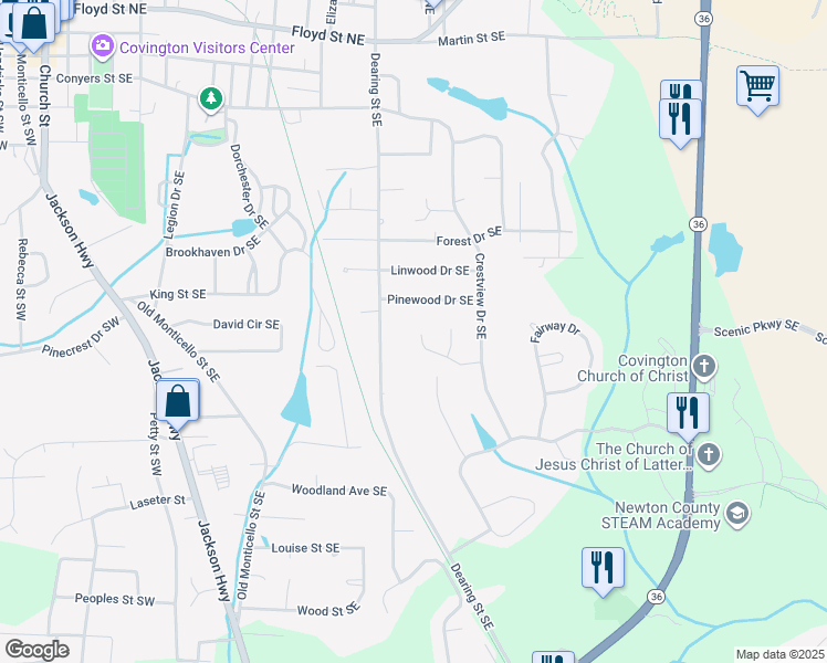 map of restaurants, bars, coffee shops, grocery stores, and more near 7195 Golfside Drive Southeast in Covington