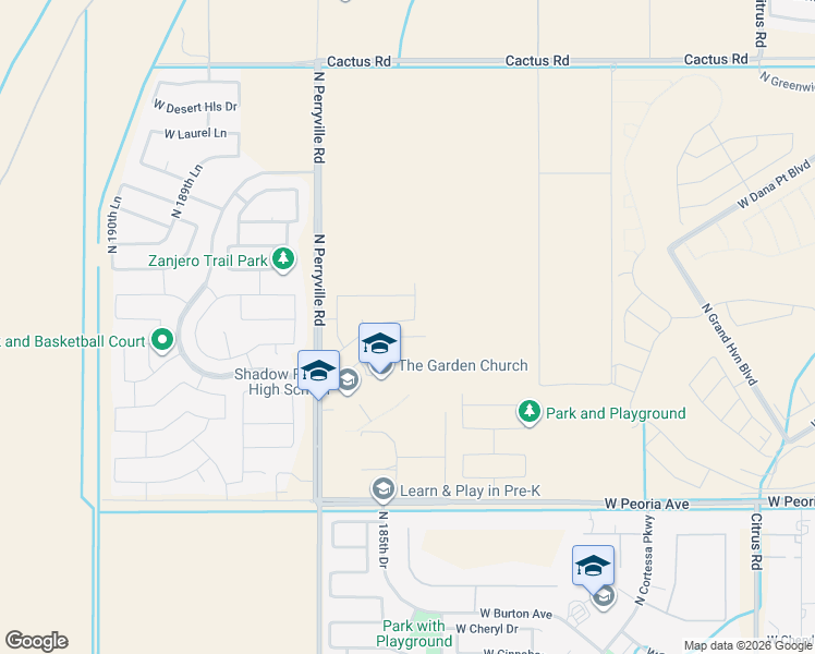 map of restaurants, bars, coffee shops, grocery stores, and more near 18541 West Mescal Street in Surprise