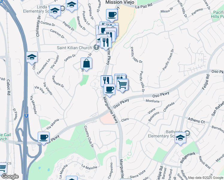 map of restaurants, bars, coffee shops, grocery stores, and more near 26002 Marguerite Parkway in Mission Viejo