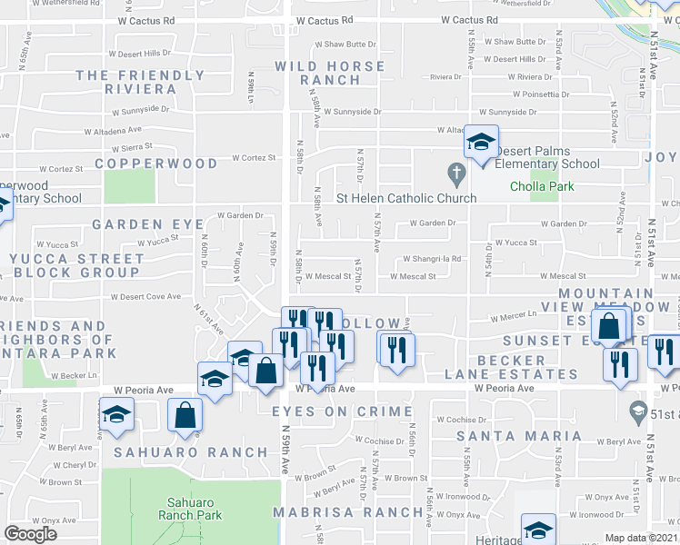 map of restaurants, bars, coffee shops, grocery stores, and more near 5744 West Mescal Street in Glendale