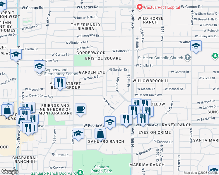 map of restaurants, bars, coffee shops, grocery stores, and more near 6035 West Mescal Street in Glendale