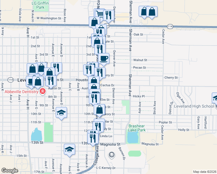 map of restaurants, bars, coffee shops, grocery stores, and more near 114 Cactus Drive in Levelland