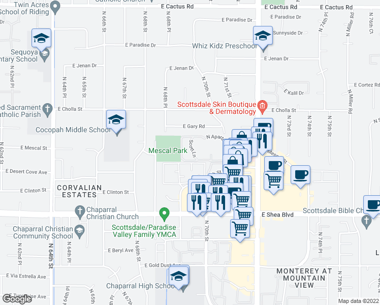 map of restaurants, bars, coffee shops, grocery stores, and more near 356 Scott Lane in Scottsdale